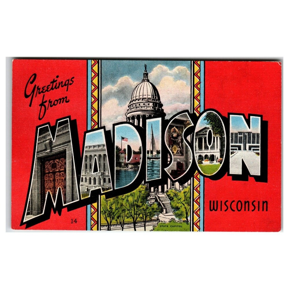 Greetings from Madison Wisconsin Linen Postcard E. C. Kropp Co. Capitol